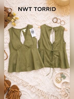 NWT Torrid FESTI Olive Green Lace Trim Tie Back Tank Top Size 12 L Boho Cotton